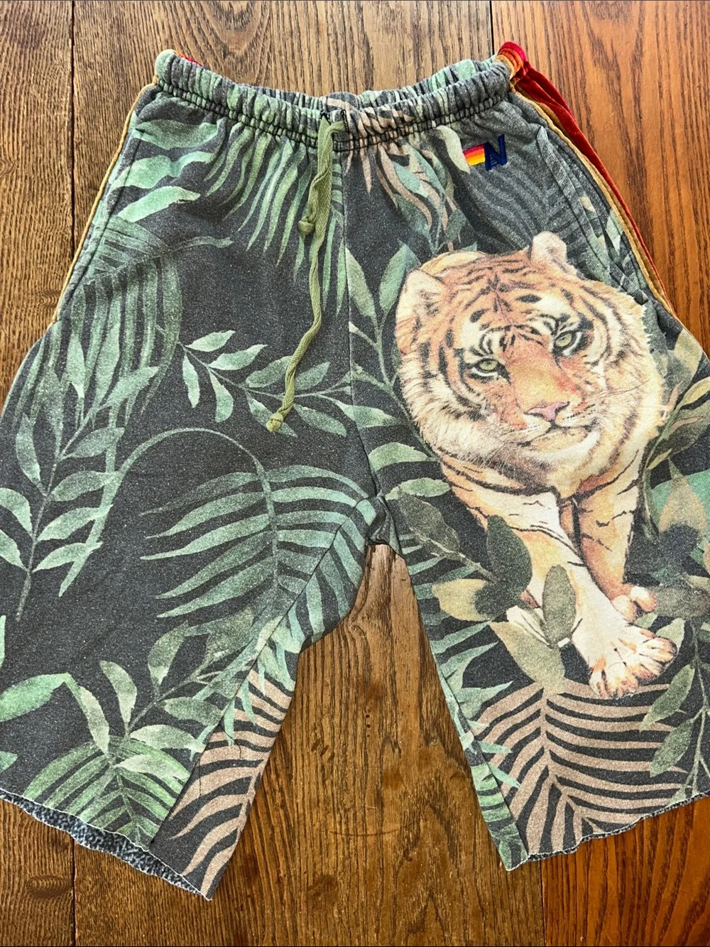 Aviator Nation Green Tropical Tiger Print Unisex Shorts with Red Accent - Picture 1 of 16